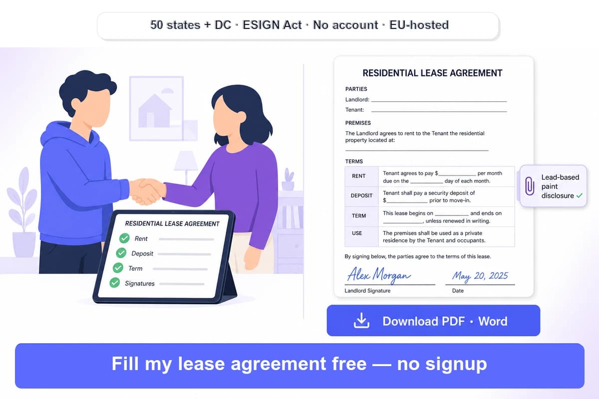 iFillPDF call to action for fillable lease agreement — a small landlord and tenant shaking hands over a tablet showing a completed residential lease with checkmarks on rent, deposit, term and signatures, alongside a signed lease PDF with a lead-based paint disclosure attachment and a Download PDF and Word button, badges 50 states plus DC, ESIGN Act, no account, EU-hosted, CTA Fill my lease agreement free no signup