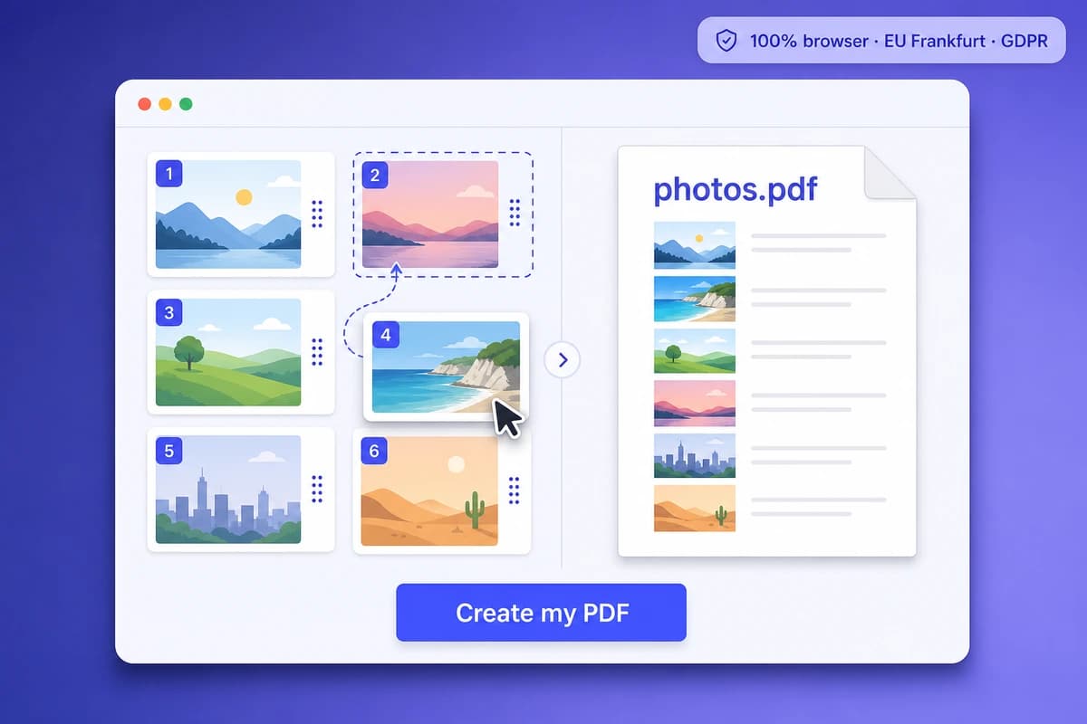 iFillPDF web app interface mockup for JPG to PDF — drag-and-drop reorder of HEIC/JPG/PNG/WebP/TIFF photos with EXIF GPS metadata stripped, A4/US Letter/Legal page sizing, ICC color profile selection (Adobe RGB 1998 + sRGB IEC 61966-2.1), optional Tesseract 5 LSTM 80-language OCR, single PDF export running 100% in browser via PDF-lib + WebAssembly libheif with EU Frankfurt TADPF GDPR badge