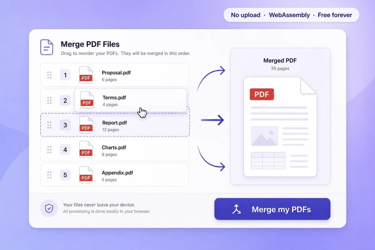 iFillPDF web app interface for merge PDF — drag and drop PDF thumbnails into single combined file with WebAssembly browser processing badge