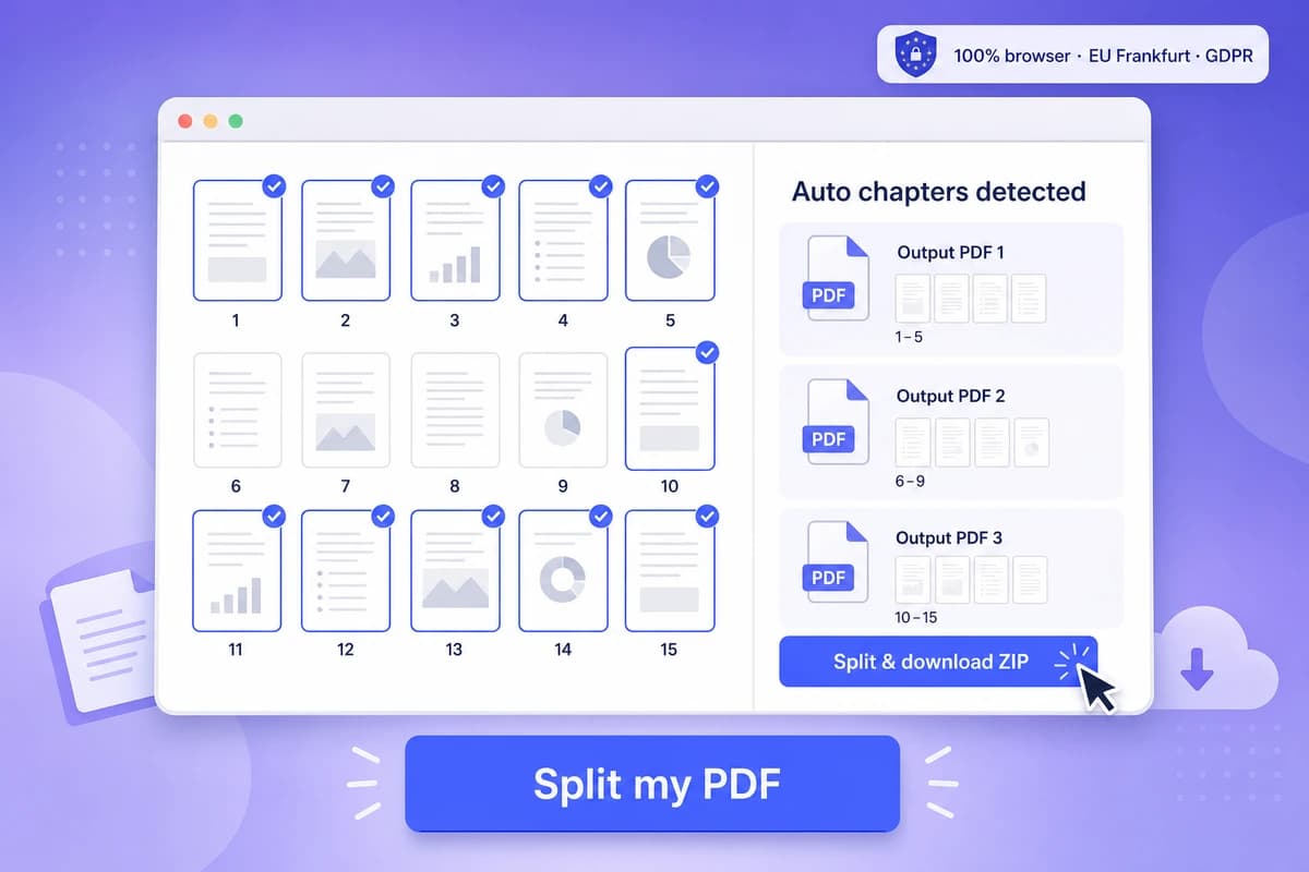 iFillPDF web app interface for split PDF — page-range selector, AI chapter auto-detection panel and ZIP export running 100% in browser with EU Frankfurt GDPR badge