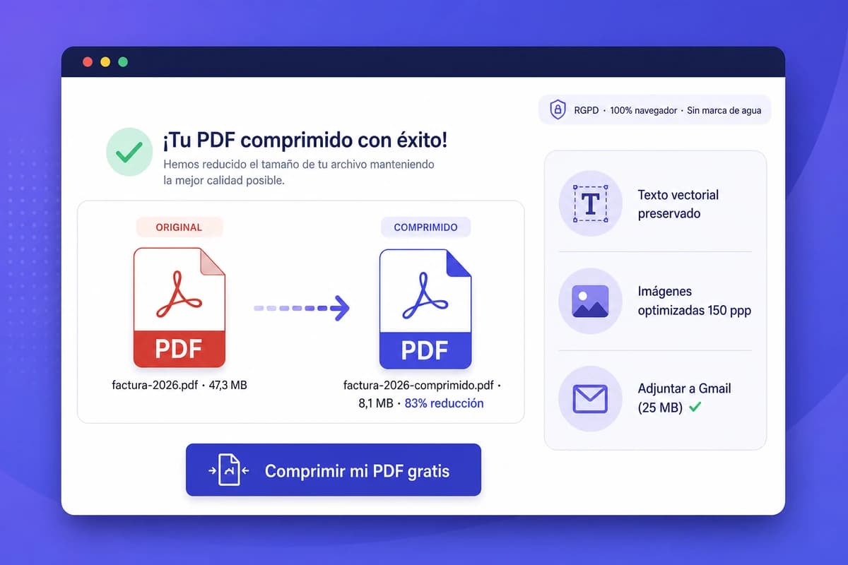 Interfaz iFillPDF comprimir PDF mercado ES: factura trimestral 47,3 MB reducida a 8,1 MB (83% reducción JPEG2000 wavelet + Flate sin pérdidas ISO 32000-2:2020), texto vectorial preservado, imágenes optimizadas 150 ppp, listo para Gmail 25 MB y sede.aeat.gob.es 5-10 MB, validez probatoria art. 326 LEC, badge RGPD UE AEPD 100% navegador sin marca de agua Hetzner Frankfurt anti-Schrems II