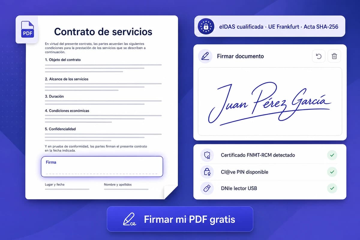 Interfaz iFillPDF firma electrónica PDF en España: contrato con campo firma destacado, panel certificado FNMT/Cl@ve/DNIe, badge eIDAS cualificada UE Frankfurt acta SHA-256