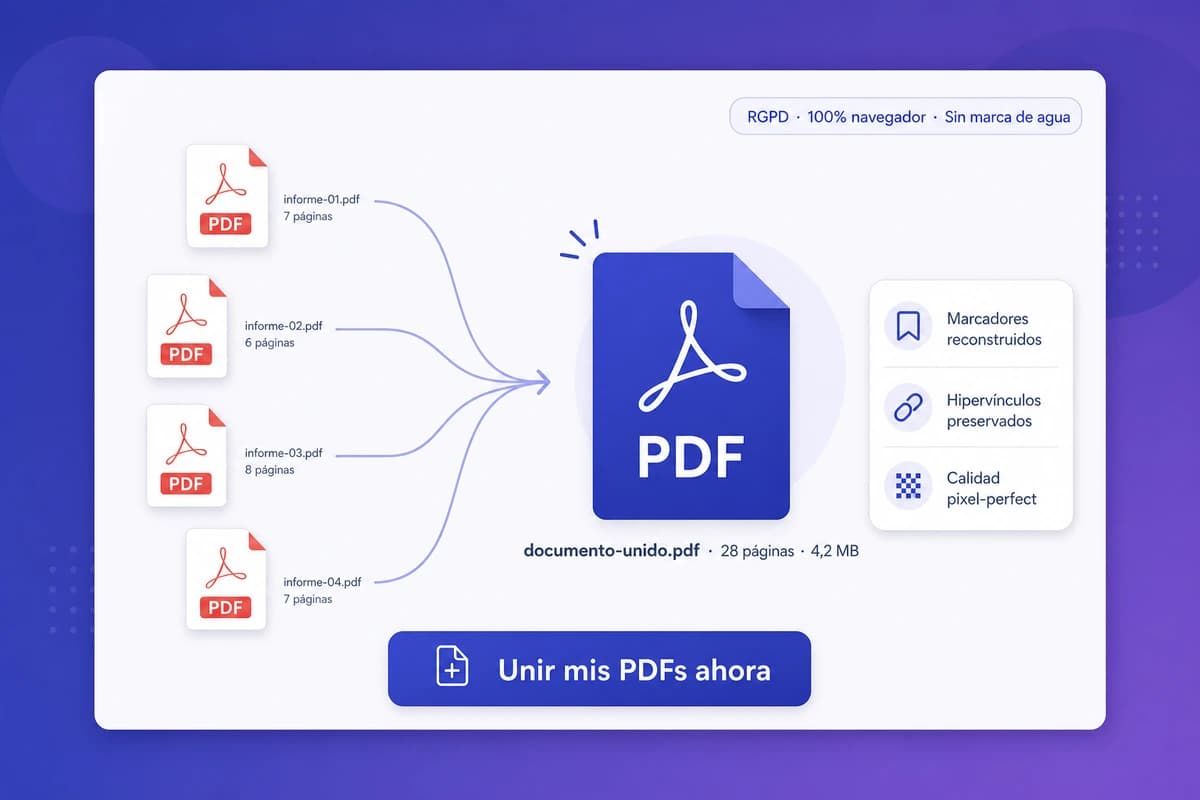 Interfaz iFillPDF unir PDFs: 4 archivos convergen en un único PDF combinado de 28 páginas, panel marcadores e hipervínculos preservados, badge RGPD sin marca de agua