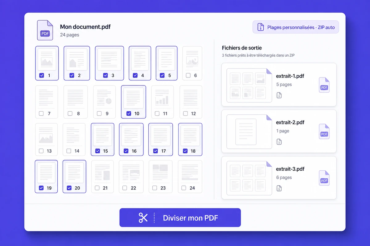 Interface iFillPDF de division PDF : grille de 24 pages avec sélection des pages 1-5, 10, 15-20, aperçu de 3 PDFs extraits prêts à télécharger en ZIP