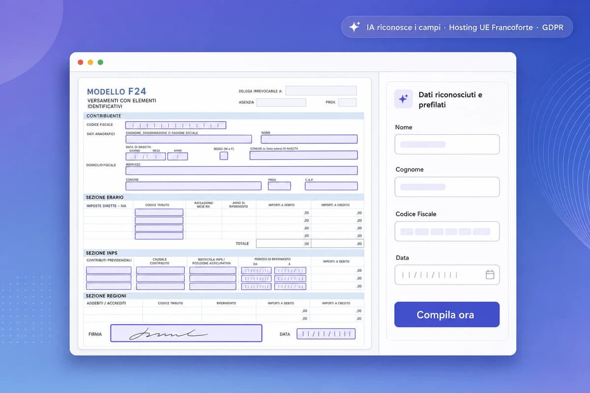 Interfaccia iFillPDF per compilare PDF: modulo italiano scannerizzato con campi riconosciuti automaticamente dall'IA in indigo, pannello laterale con dati pre-compilati, badge IA hosting UE Francoforte GDPR