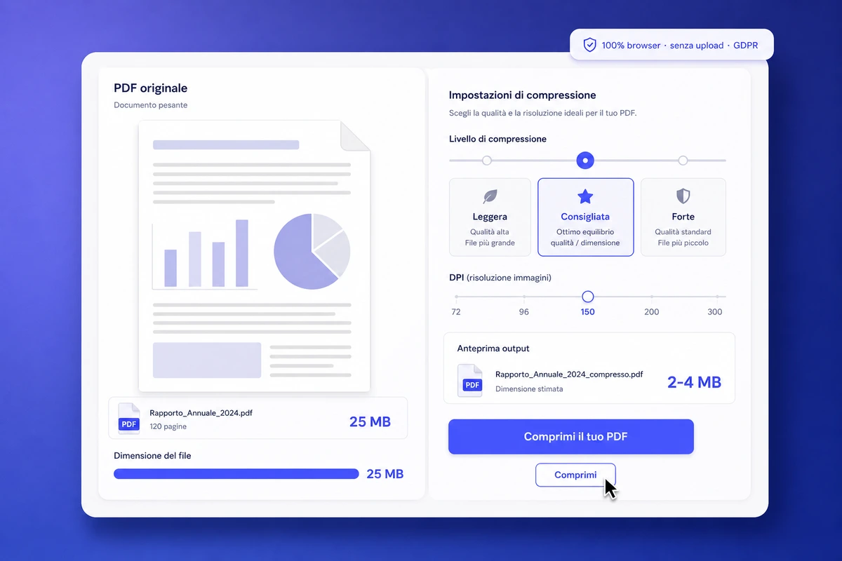 Interfaccia mockup iFillPDF comprimere PDF — anteprima documento 25 MB con slider qualità DPI tre livelli, output compresso 2-4 MB, badge 100% browser senza upload GDPR Frankfurt