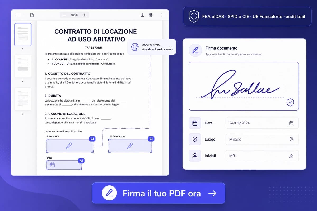 Interfaccia iFillPDF per firmare PDF: contratto italiano con zone firma riconosciute automaticamente dall'IA in indigo, pad firma con firma autografa disegnata, badge FEA eIDAS SPID CIE UE Francoforte audit trail