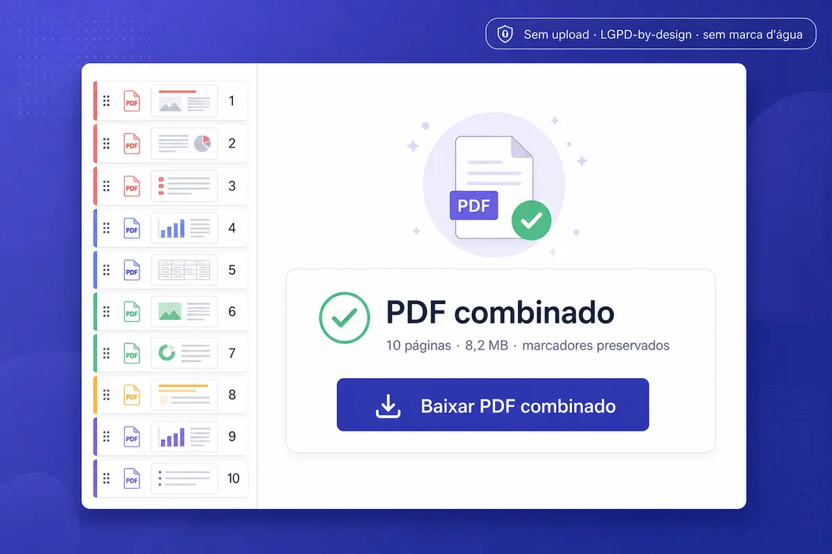 Interface iFillPDF juntar PDF — sequência de 3 páginas combinadas, summary card 8.2MB marcadores preservados, badge sem upload LGPD-by-design sem marca d'água