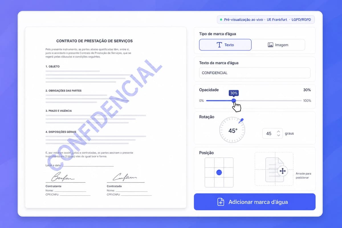 Interface iFillPDF marca d'água PDF: contrato com CONFIDENCIAL diagonal indigo 30% opacidade, painel configuração texto imagem opacidade rotação posição, badge pré-visualização ao vivo UE Frankfurt LGPD