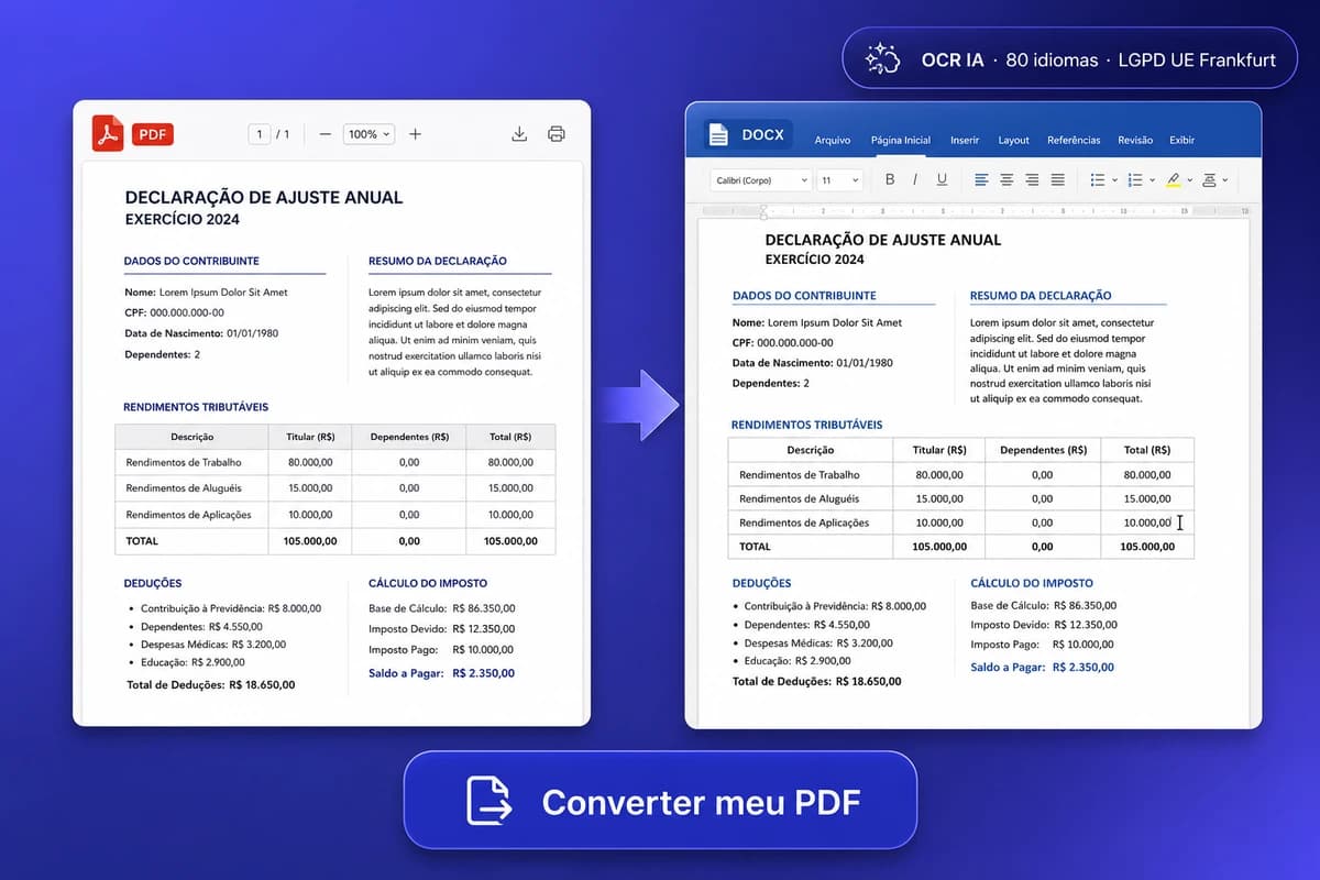 Interface iFillPDF converter PDF Word — PDF brasileiro com tabela e colunas convertido em DOCX editável, badge OCR IA 80 idiomas LGPD UE Frankfurt