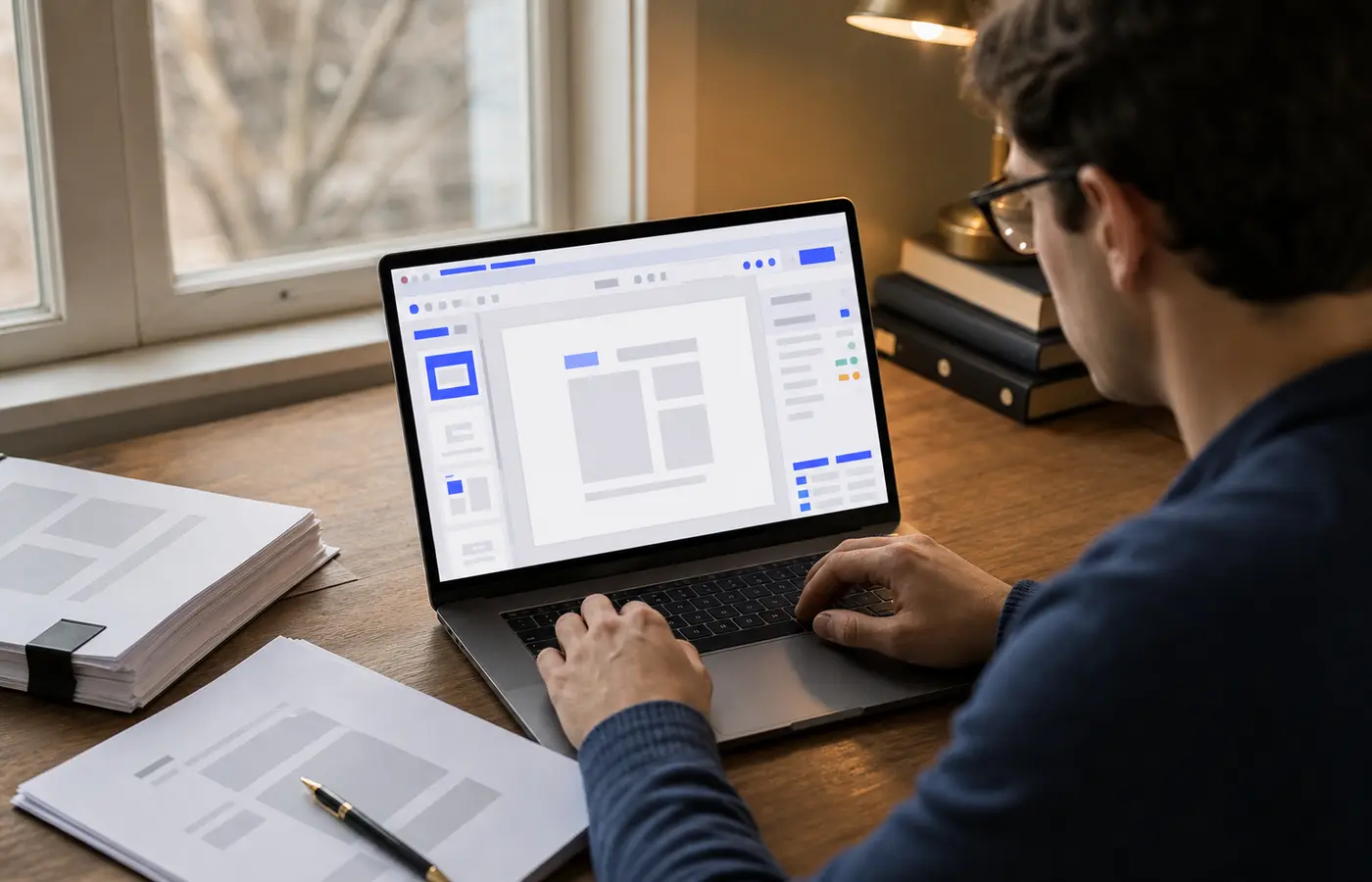 Law student paginating thesis PDF in LibreOffice Draw on laptop