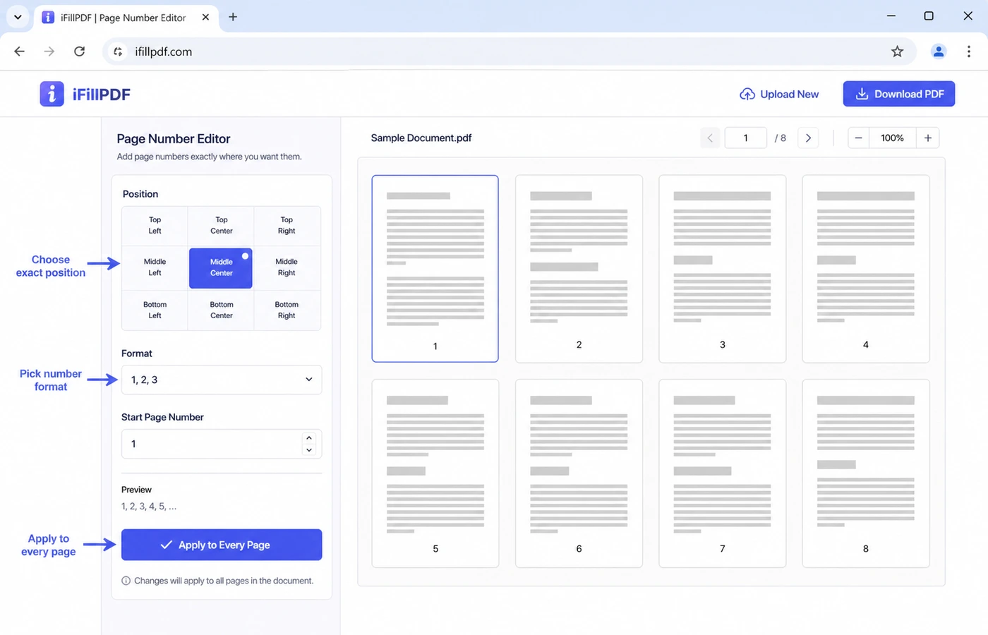 Online PDF page number editor with position grid and format options