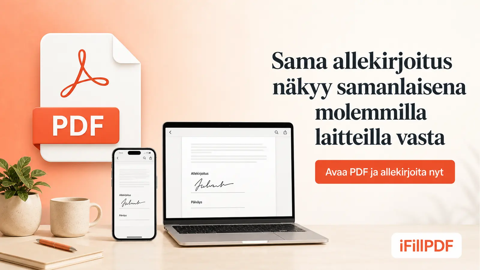 Puhelin ja kannettava tietokone vierekkäin työpöydällä, molemmissa näkyvissä sama allekirjoitettu PDF-sopimus, jonka viimeisellä sivulla on nimikirjoitus ja päiväys