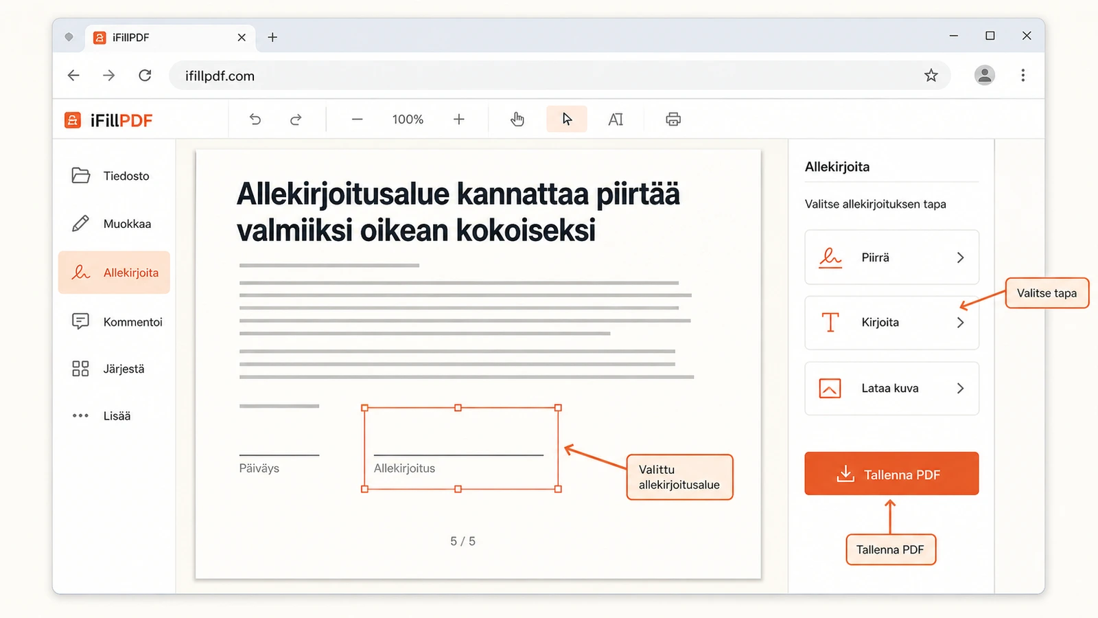 Selainnäkymä PDF-työkalusta, jossa sopimuksen viimeisellä sivulla on valittuna allekirjoitusalue ja sivupaneelissa kolme vaihtoehtoa: piirrä, kirjoita ja lataa kuva