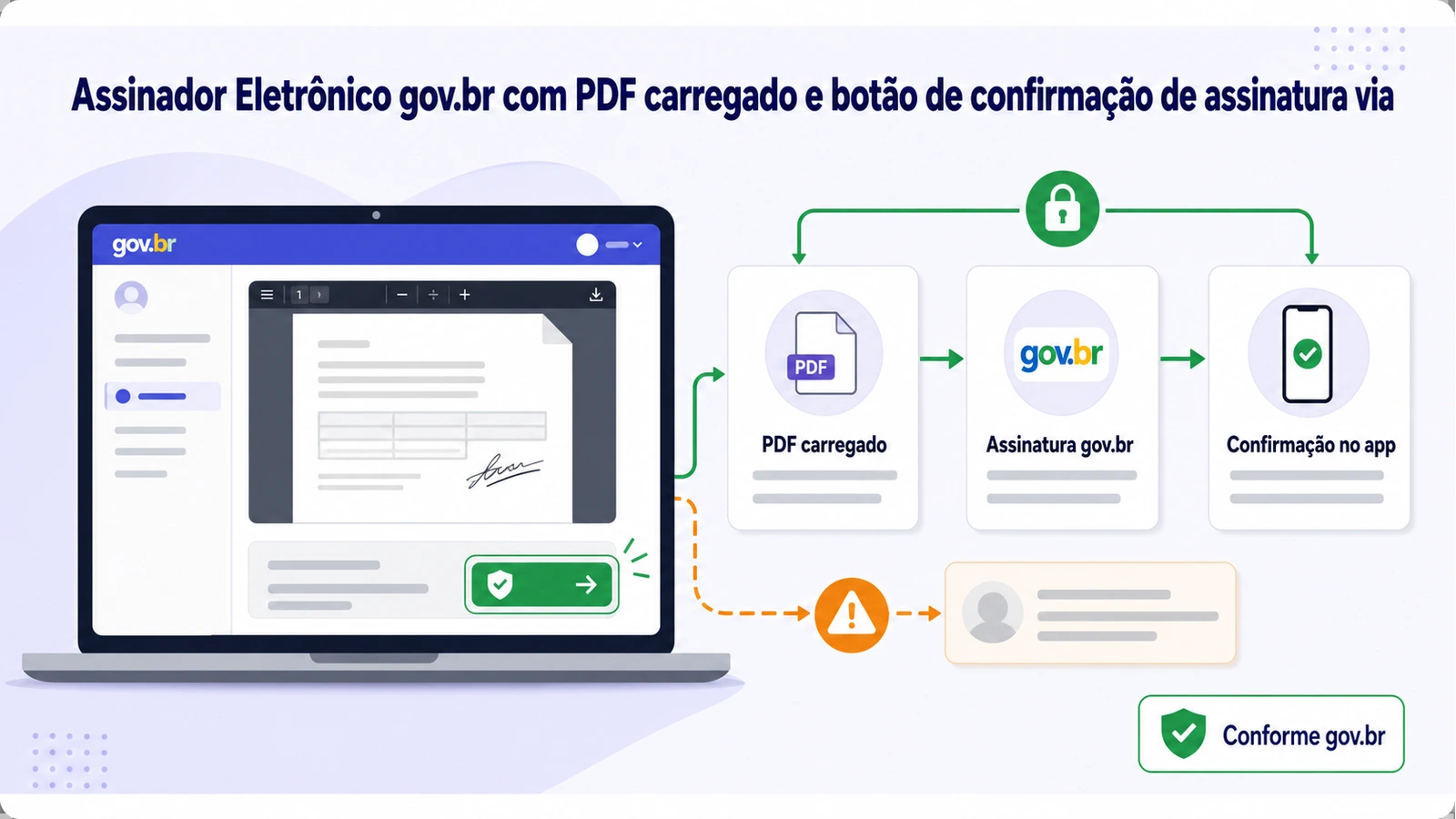 Tela do Assinador Eletrônico gov.br com PDF carregado e botão de confirmação de assinatura via app destacado