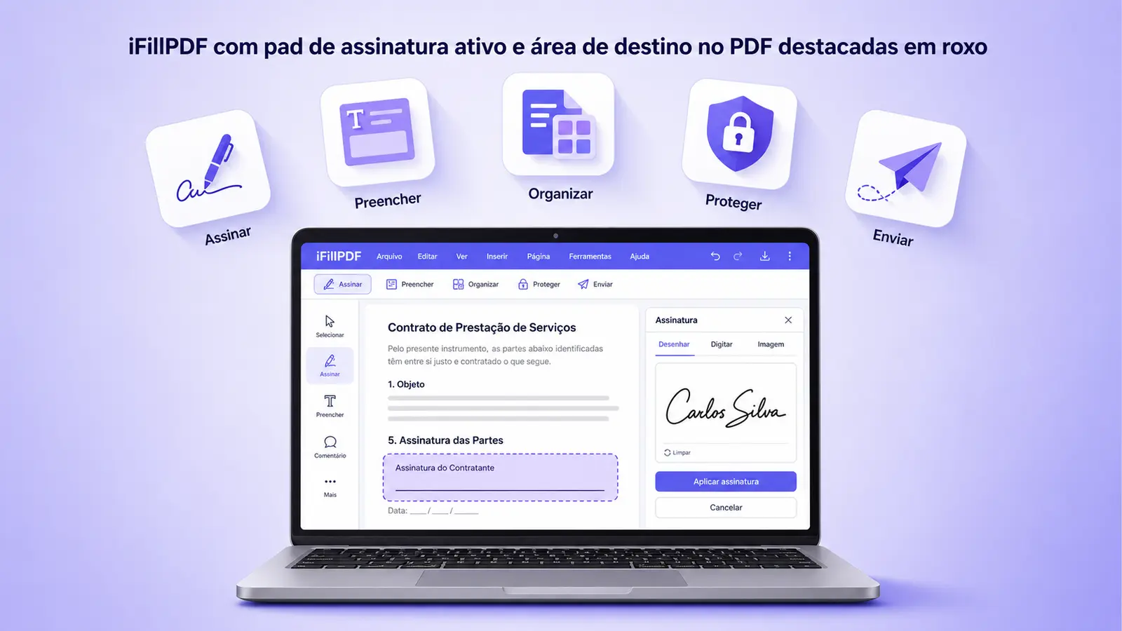 Captura de tela anotada do iFillPDF com pad de assinatura ativo e área de destino no PDF destacadas em roxo