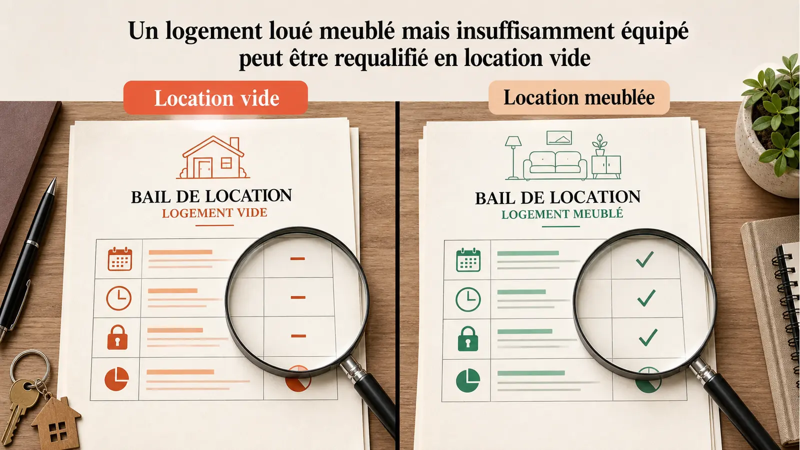 Comparatif visuel en deux colonnes entre un bail de location vide et un bail meublé, alignant durée, préavis, dépôt de garantie et régime fiscal des loyers