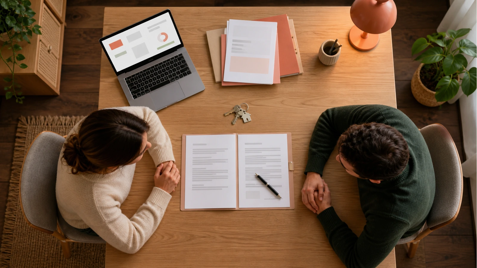 Un bailleur et une locataire assis à une table en bois clair, un jeu de clés posé entre eux, un contrat imprimé ouvert et un stylo sur la page des signatures