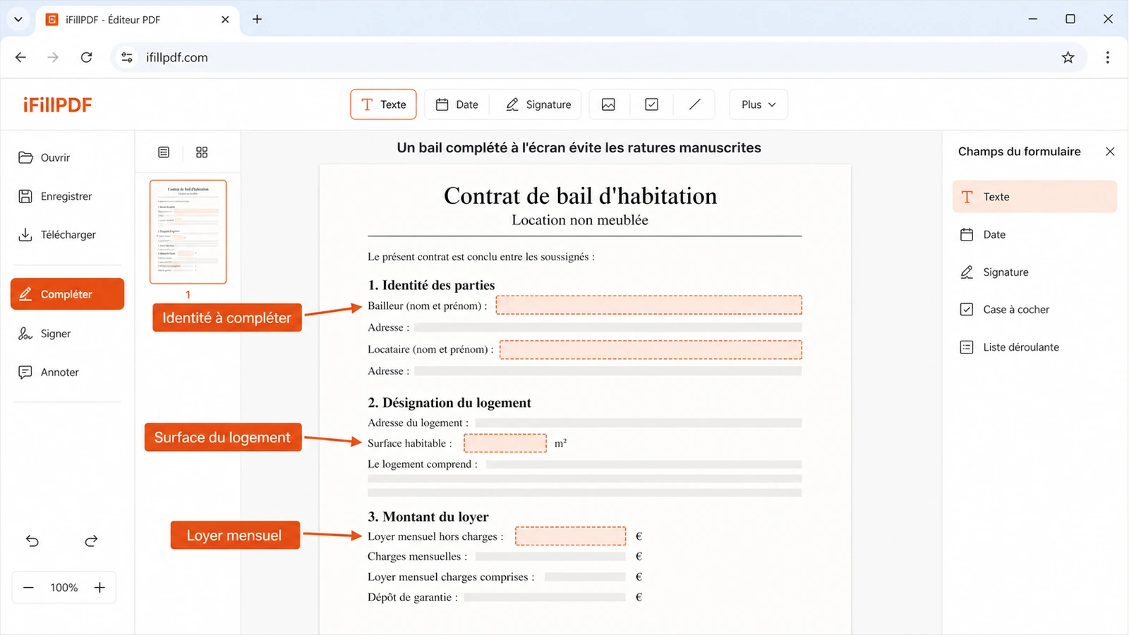 Un bail de location vide ouvert dans un éditeur PDF, les zones identité des parties, surface habitable et montant du loyer surlignées et prêtes à être complétées