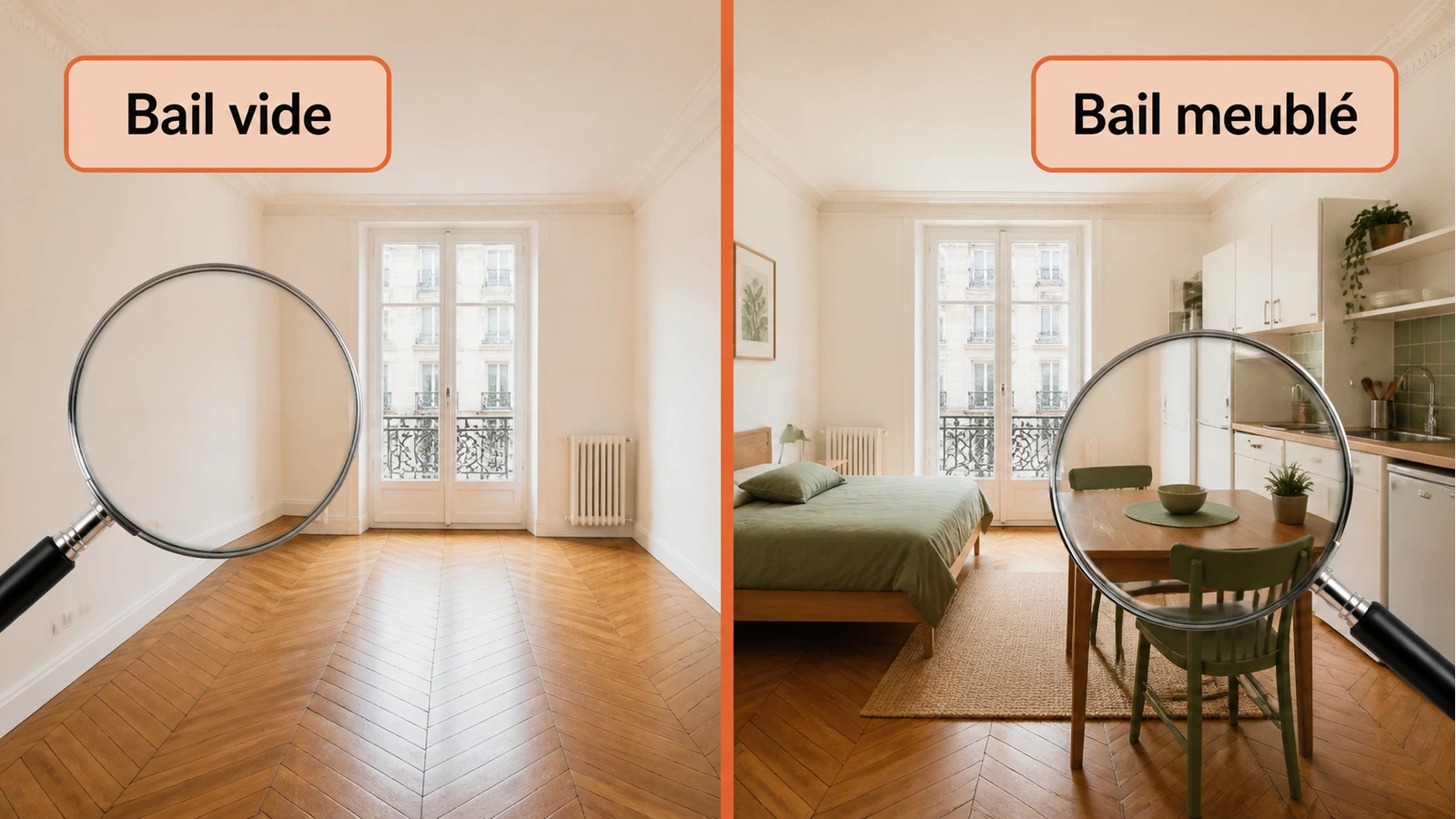 Comparaison visuelle en deux colonnes d'un même appartement, à gauche entièrement vide avec les murs nus, à droite équipé du mobilier réglementaire minimal avec lit, table, chaises et coin cuisine équipé