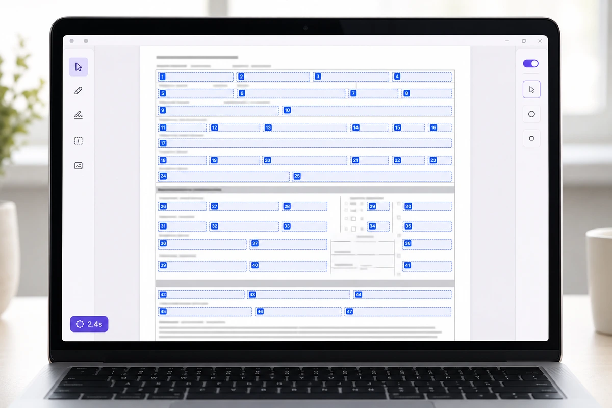 Laptop showing iFillPDF auto-detecting 47 fields on a fillable tax form in 2.4 seconds