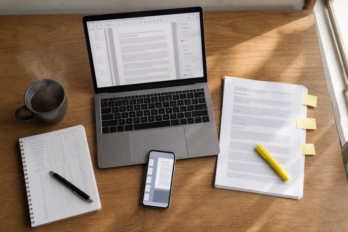 Workspace photo showing a laptop, smartphone, contract printout and notebook used during the iFillPDF editor testing