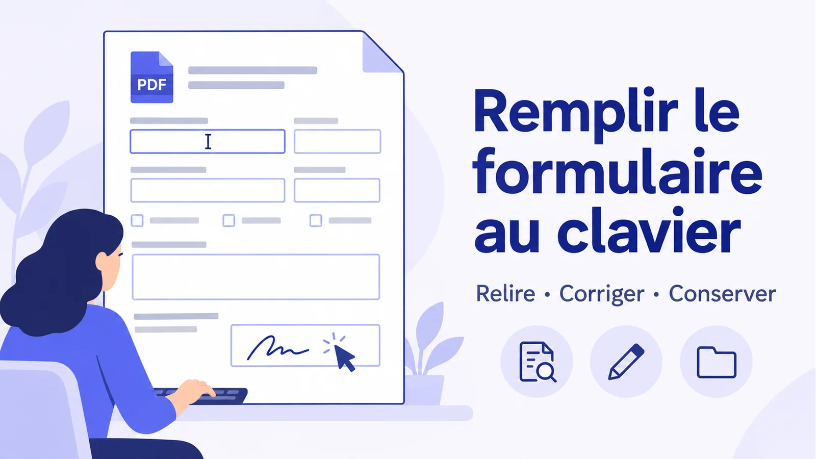 Visuel d'appel à l'action montrant un formulaire administratif stylisé rempli au clavier avec un curseur de signature, sur fond corail clair