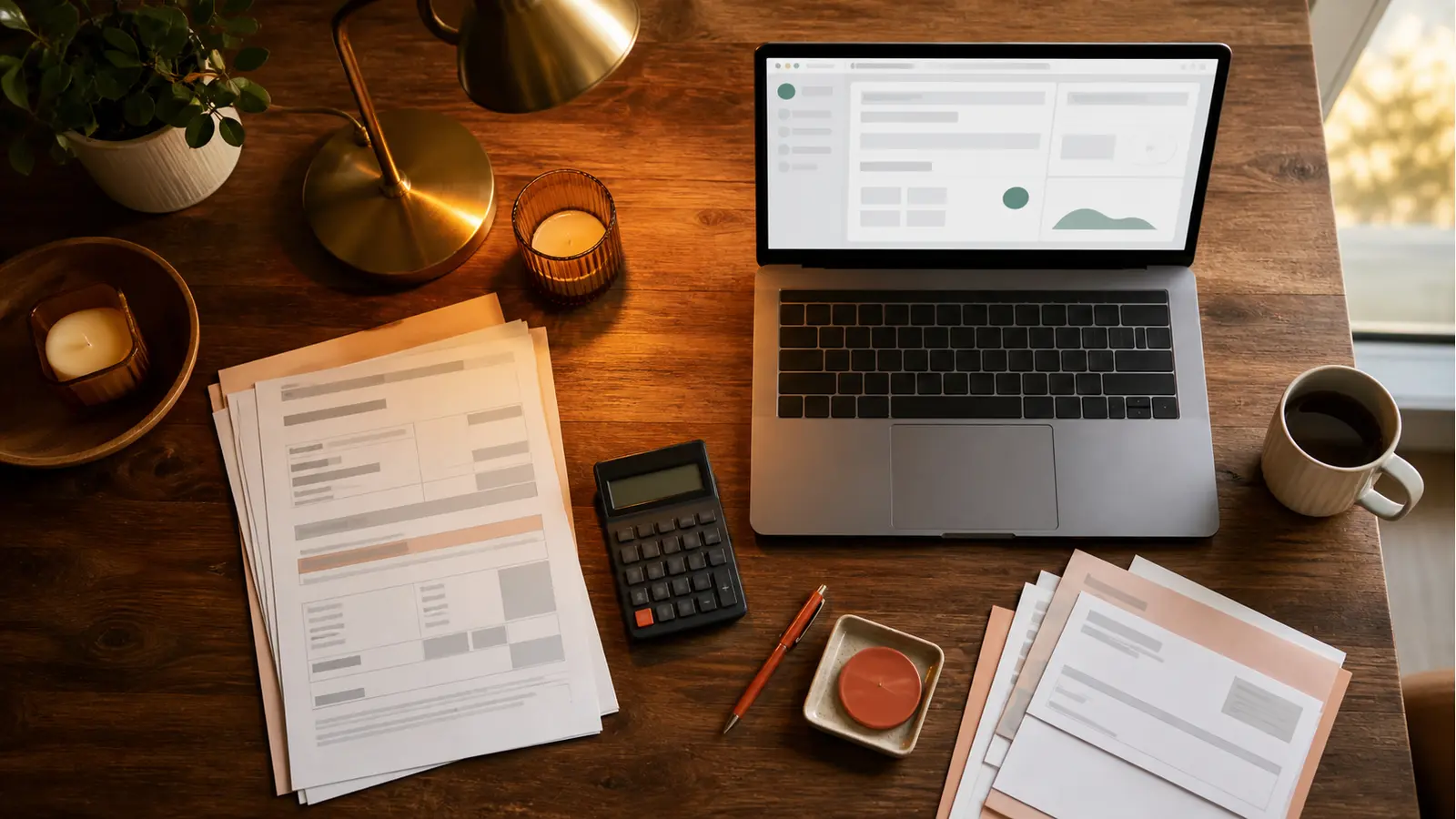 Table de salle à manger avec un formulaire fiscal papier, une calculatrice, une pile de bulletins de salaire et un ordinateur portable ouvert, en fin de journée