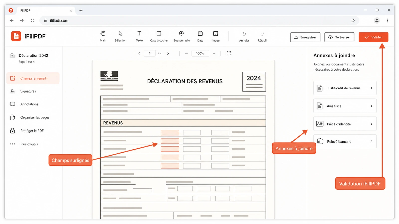 Maquette d'écran montrant un formulaire fiscal PDF ouvert dans un éditeur, avec des champs de saisie surlignés dans une rubrique de revenus et un panneau latéral listant les annexes à joindre