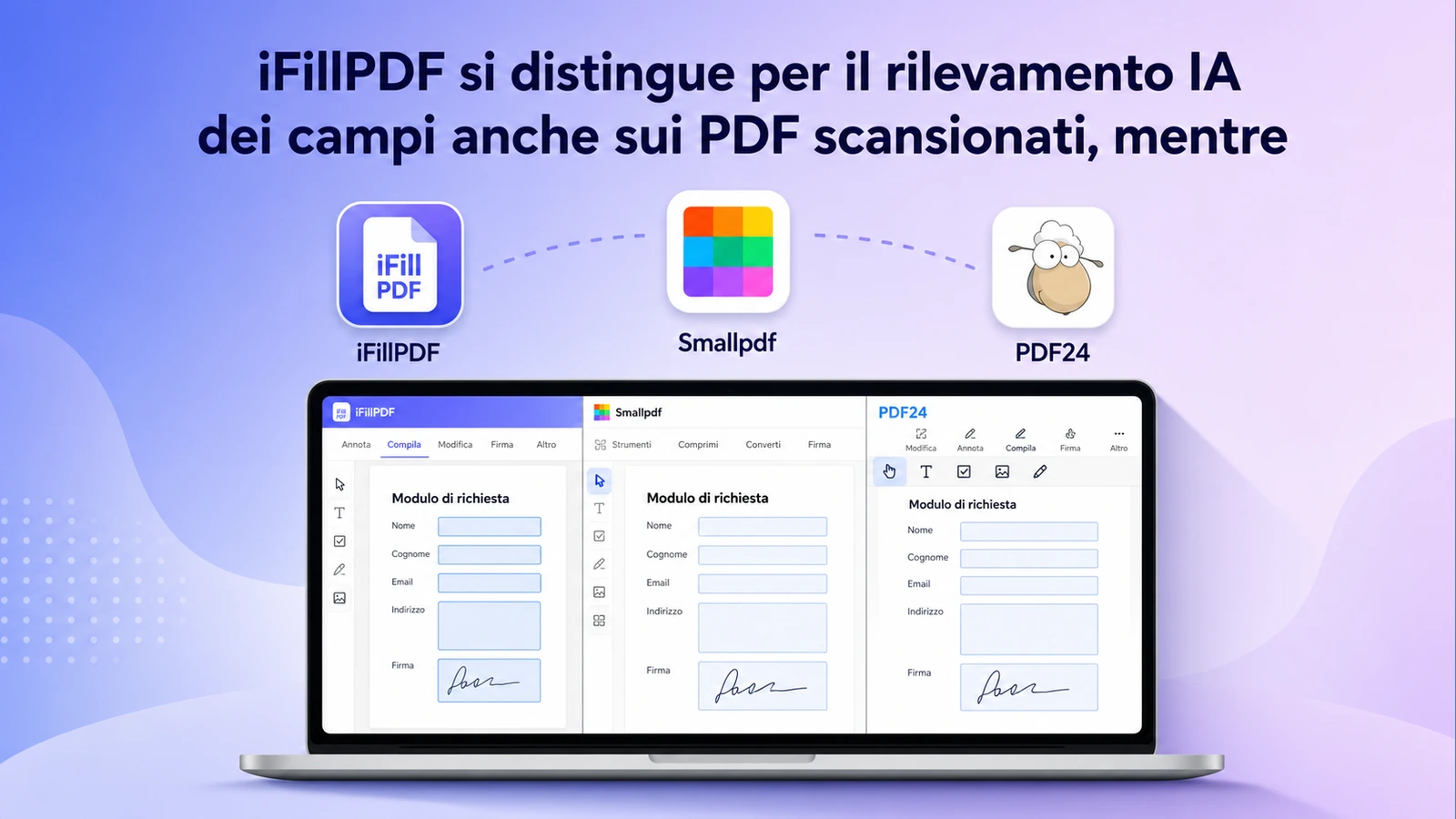 Confronto annotato delle interfacce di iFillPDF, Smallpdf e PDF24 per compilare un modulo PDF