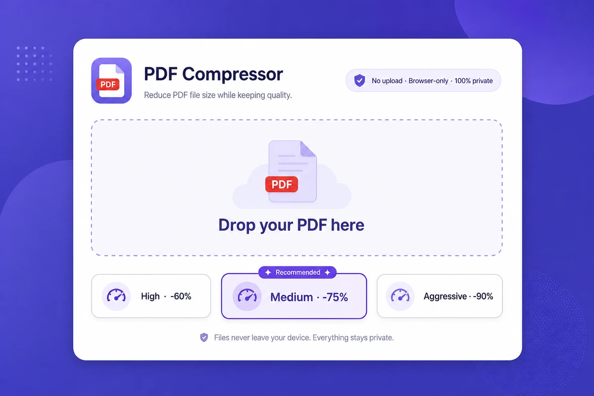 iFillPDF compress-PDF interface ready to accept a PDF drop, with three quality presets visible and a 'browser-only' privacy badge