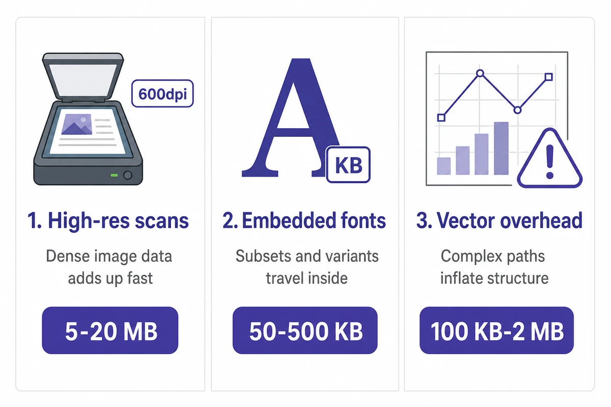 Three culprits behind oversized PDFs : high-resolution scans (5-10x bigger), unsubsetted fonts (100-300 KB each), Office vector overhead (up to 50 MB)