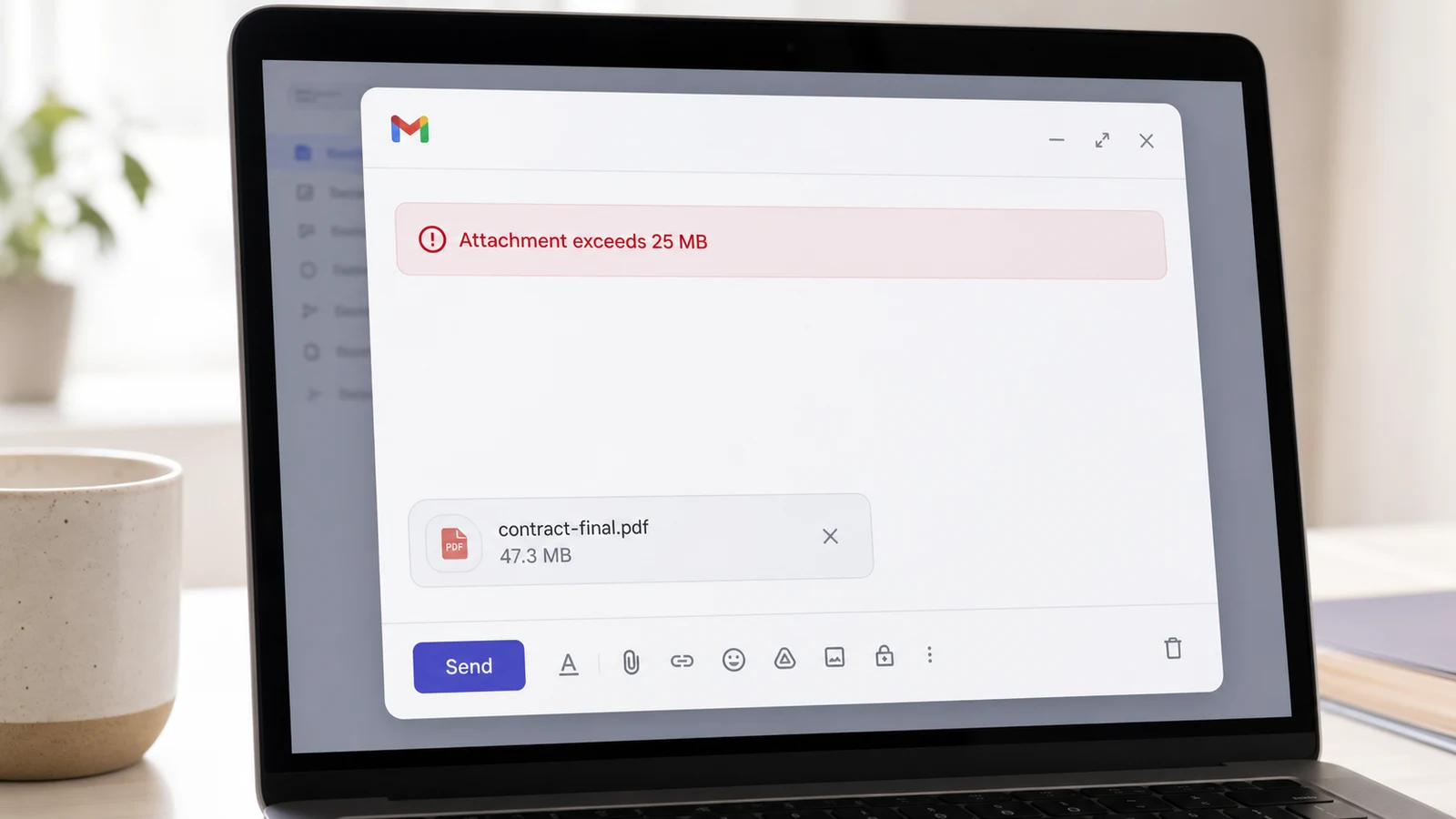 Gmail compose window showing the 'Attachment exceeds 25 MB' error after attaching a 47 MB PDF contract