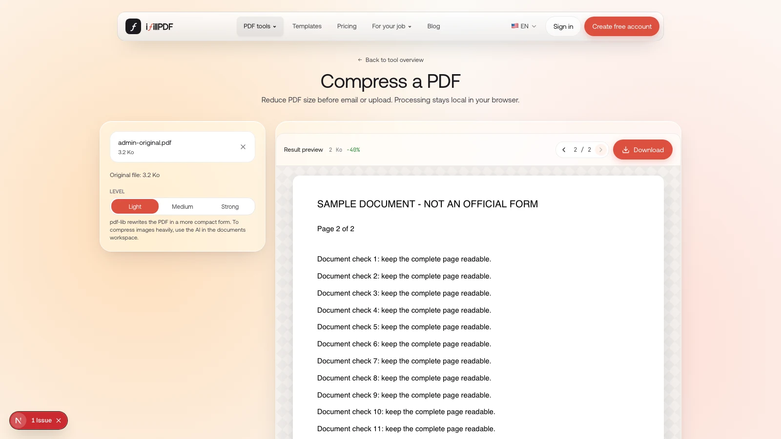 iFillPDF preview displaying the second page of the compressed sample document