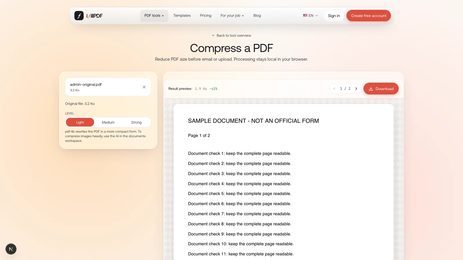 iFillPDF compression preview showing a sample PDF with the Light setting