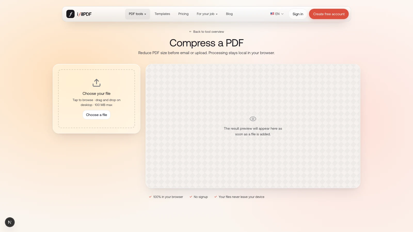 iFillPDF free PDF compressor with its upload area and empty preview