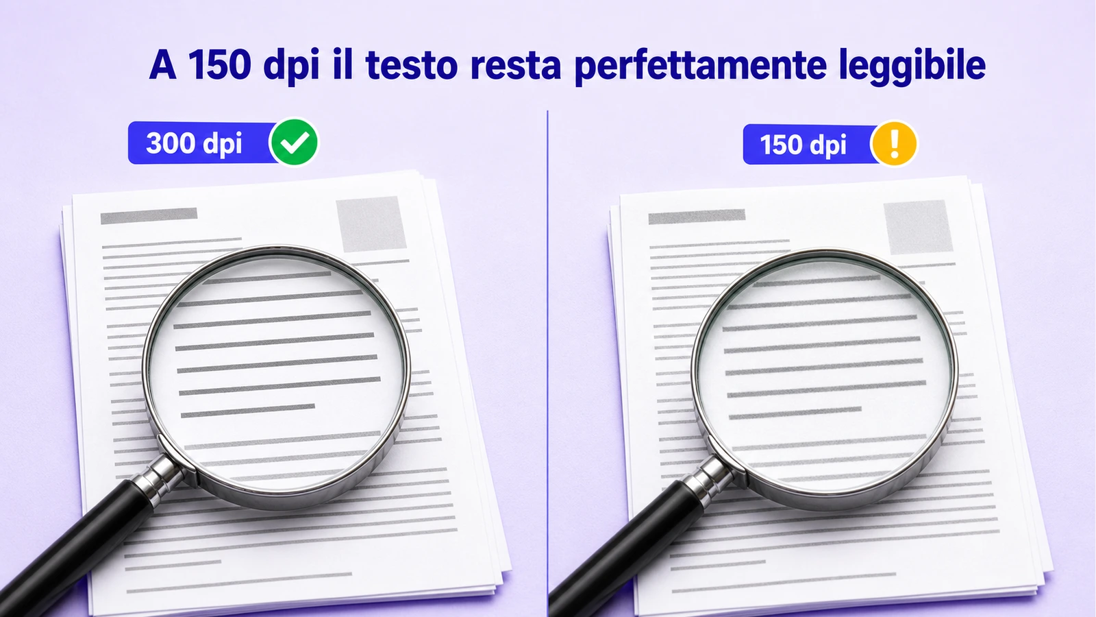 Confronto fotografico tra una scansione a 300 dpi e la stessa a 150 dpi con lente di ingrandimento