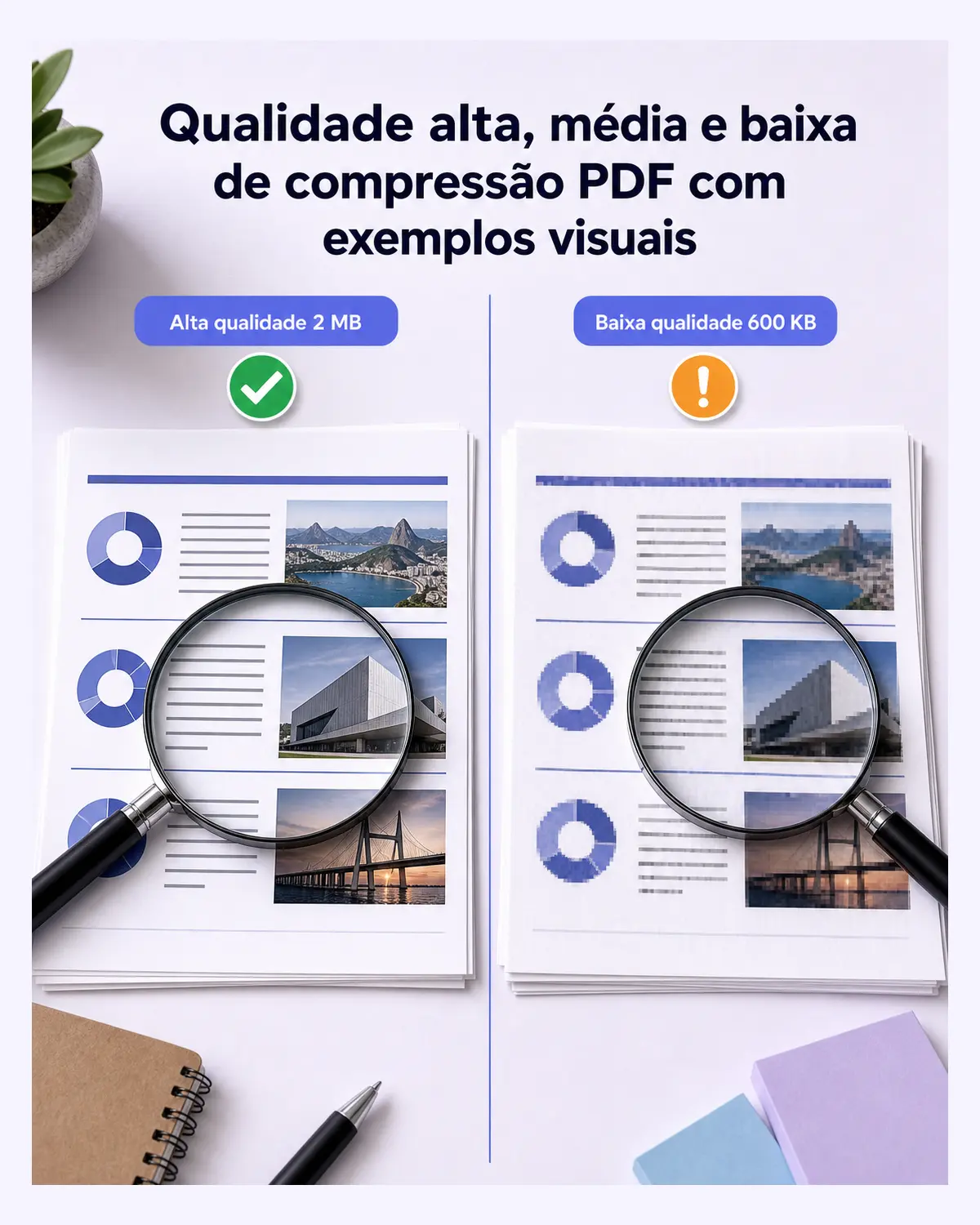 Infografia portrait comparando qualidade alta, média e baixa de compressão PDF com exemplos visuais