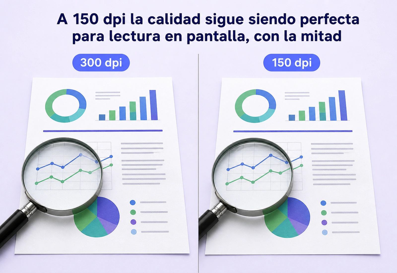 Comparativa lado a lado de la misma página PDF a 300 dpi y a 150 dpi mostrando una diferencia visual mínima