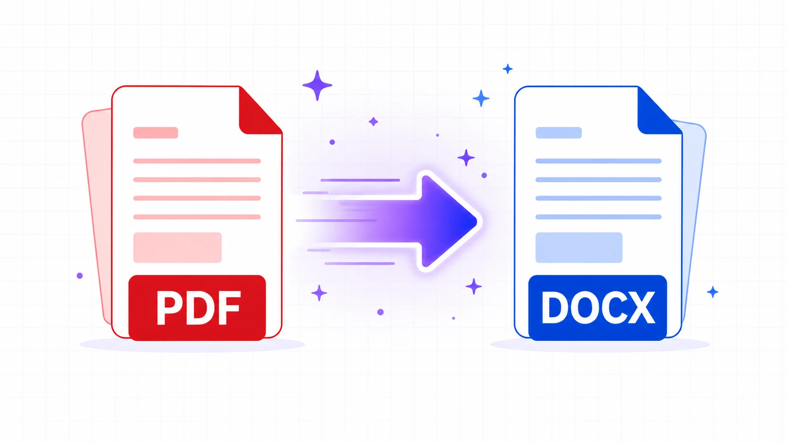 PDF document transforming into a Word DOCX document with a horizontal arrow showing free online conversion