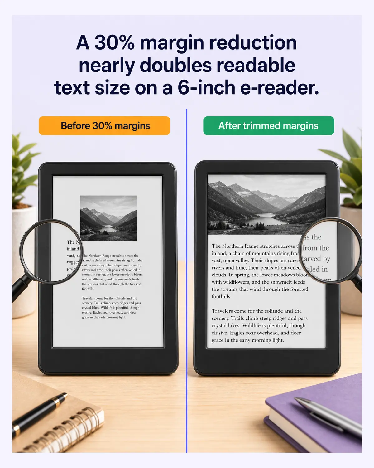 Before-after vertical infographic showing PDF page with margins trimmed