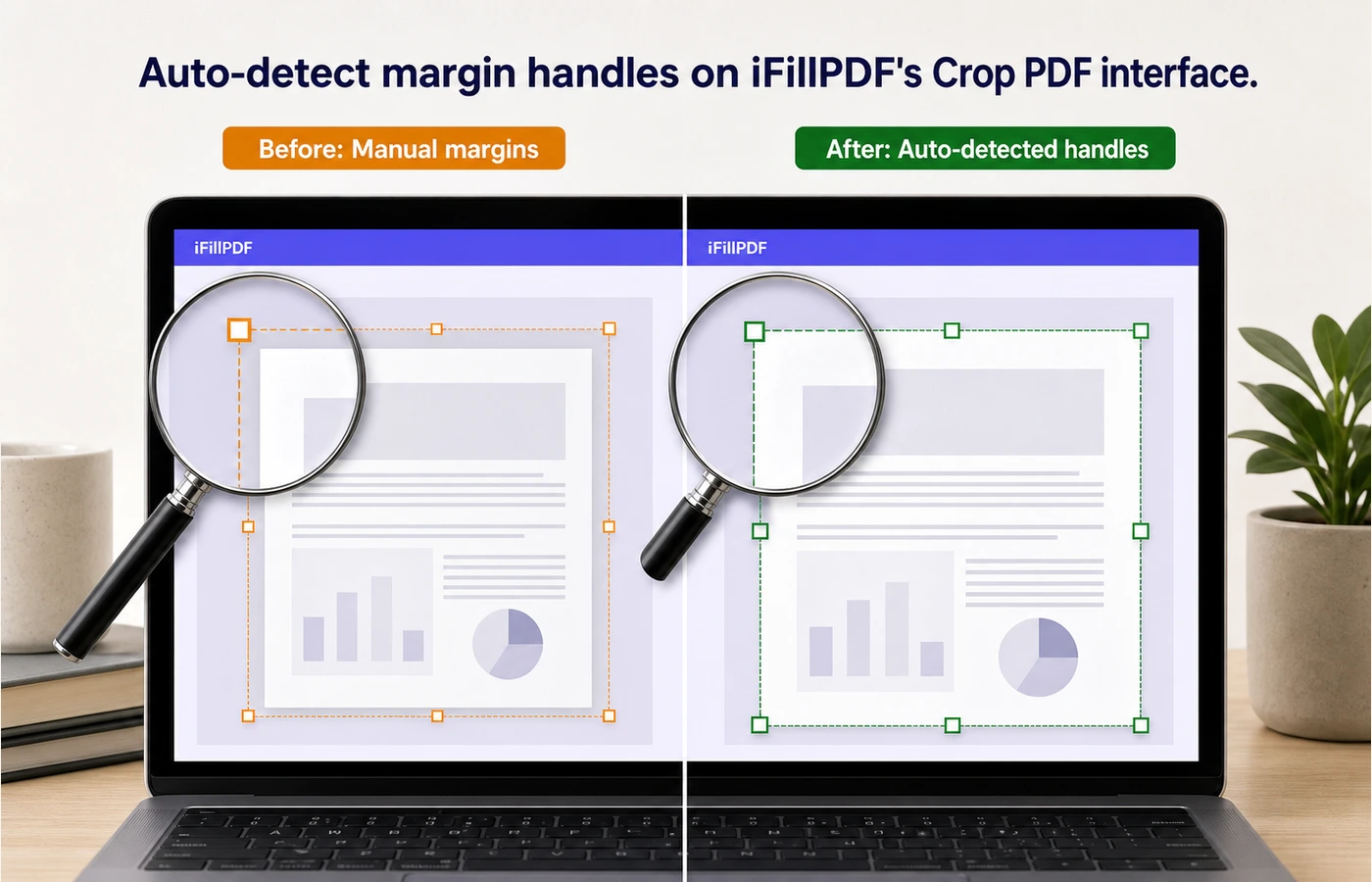 Annotated screenshot of iFillPDF Crop PDF tool with margin handles