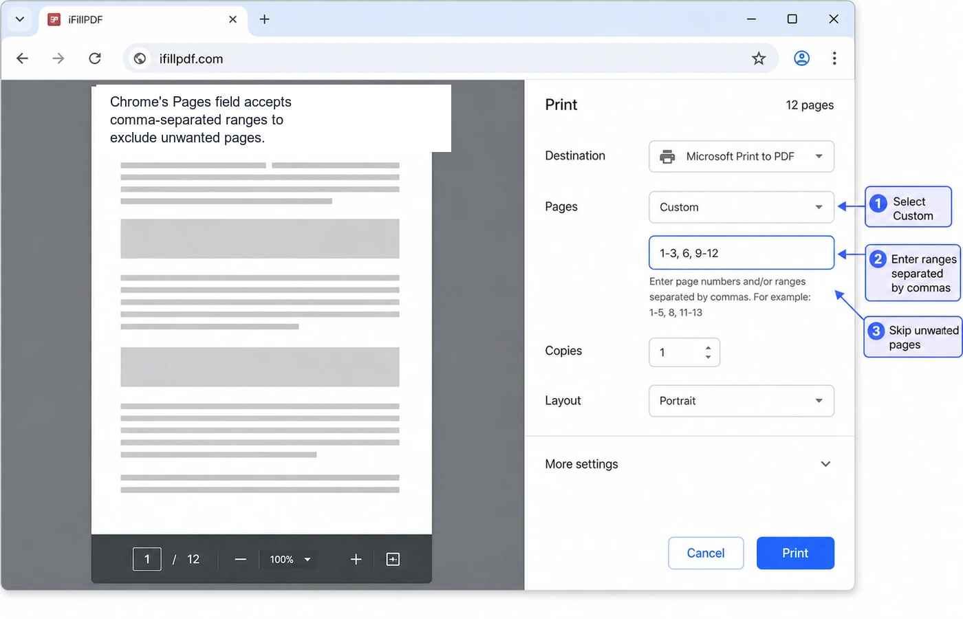 Chrome print dialog with custom page range field highlighted