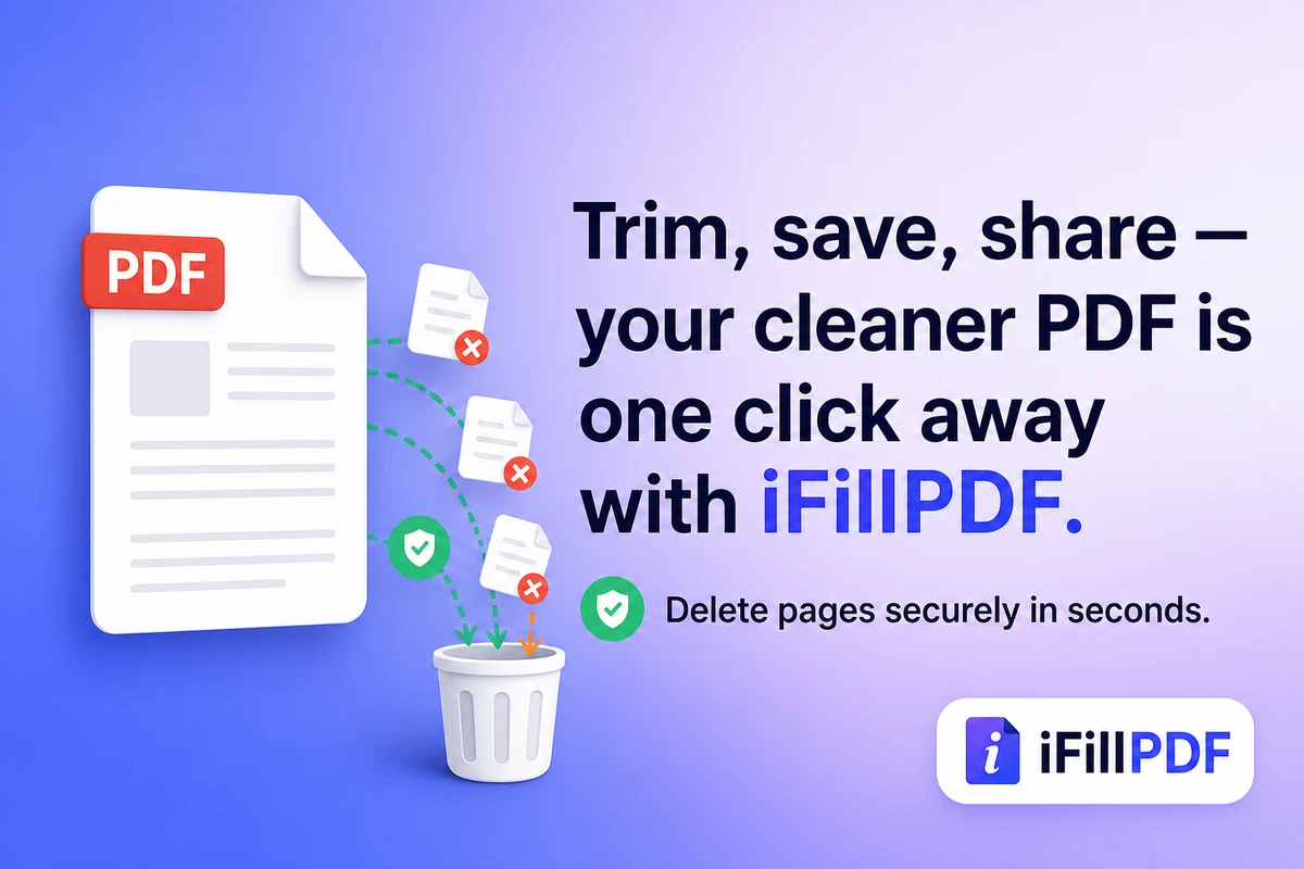 Clean PDF document with deleted pages floating away into trash