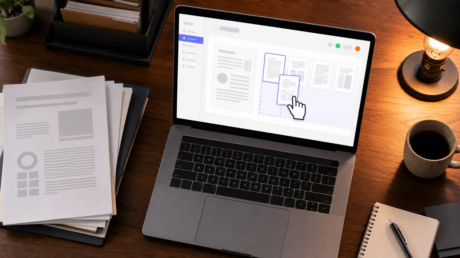 Hand cursor removing page thumbnail from PDF document interface