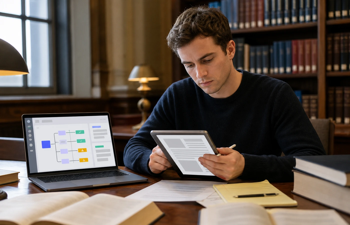 Law student reviewing tablet PDF document in university library