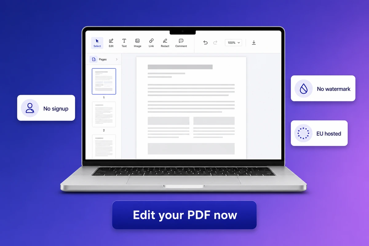iFillPDF editor mockup with no signup, no watermark, EU hosted badges and edit CTA button