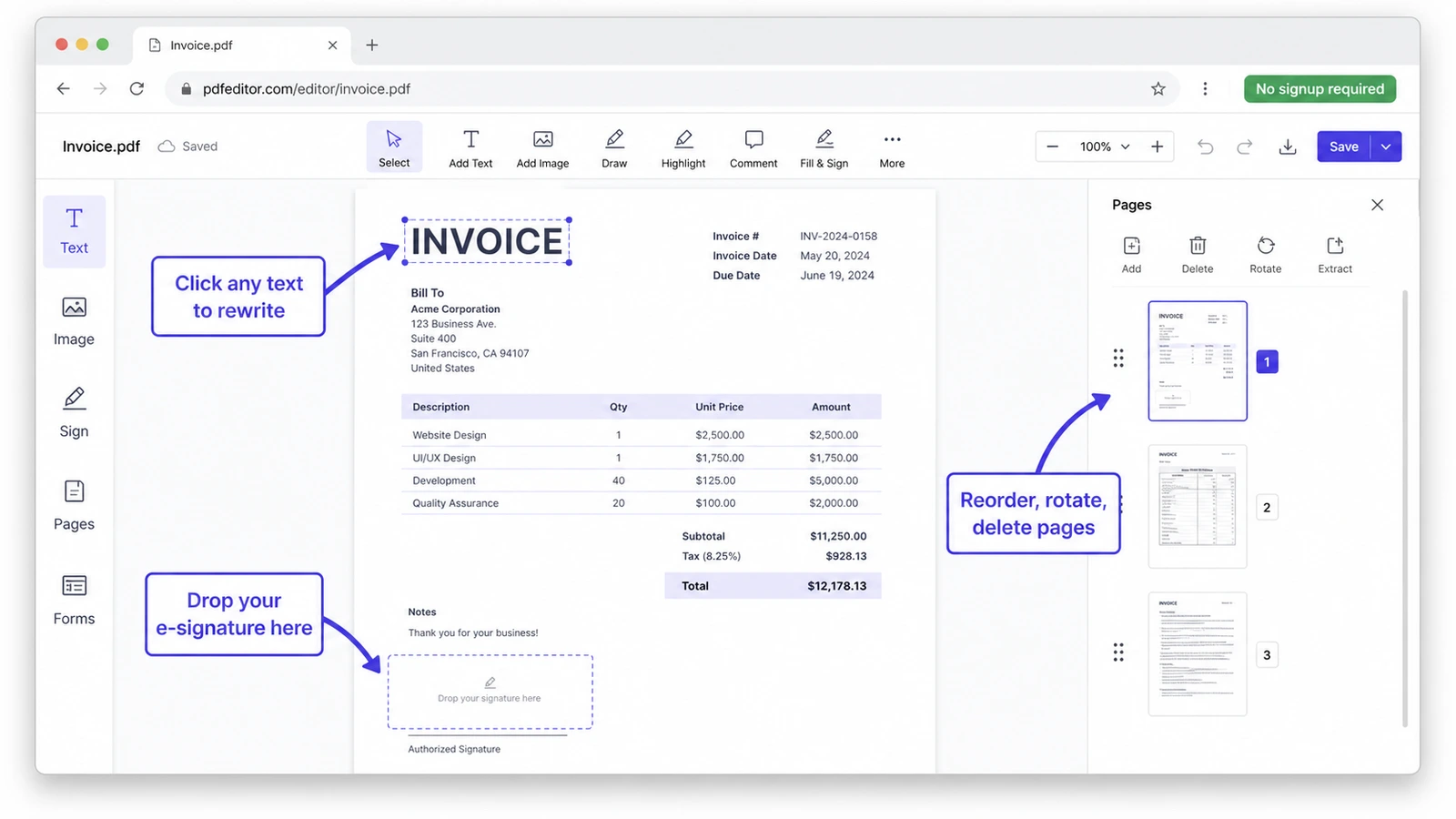 Annotated free PDF editor interface highlighting text, signature, and page management tools