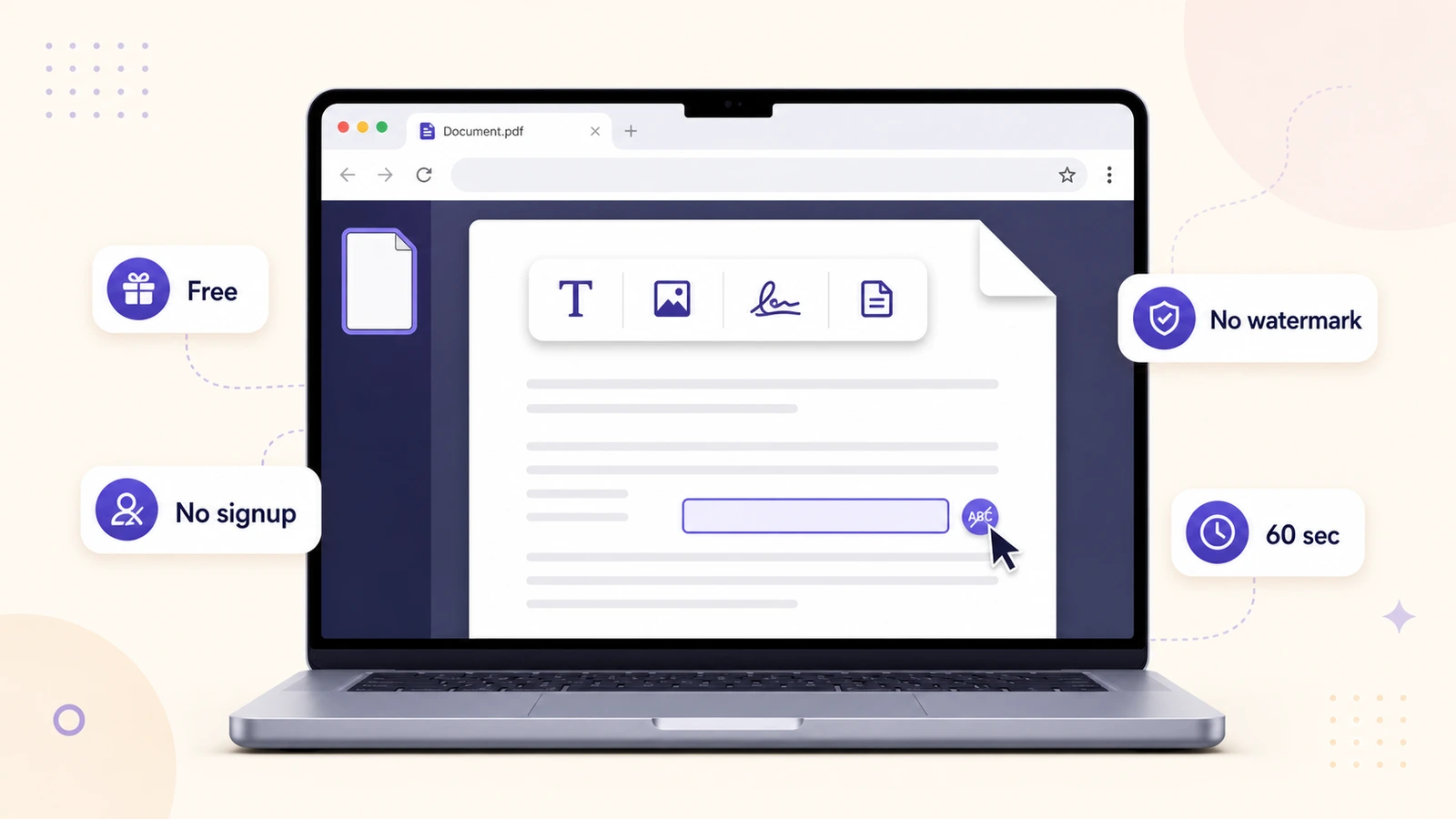 Browser laptop editing a PDF contract with indigo edit toolbar and free no-signup labels
