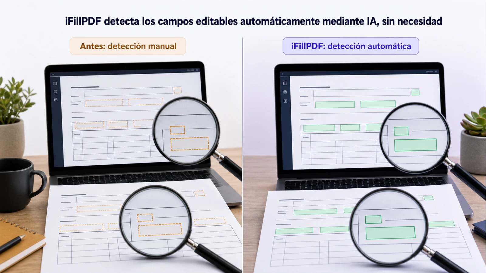 Captura anotada de la interfaz de iFillPDF mostrando los campos detectados automáticamente por IA en un formulario PDF